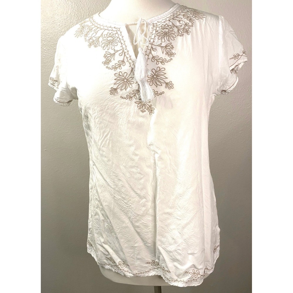 Nomadic Traders Women's Blouse, White with Embroidered Accents, Size S